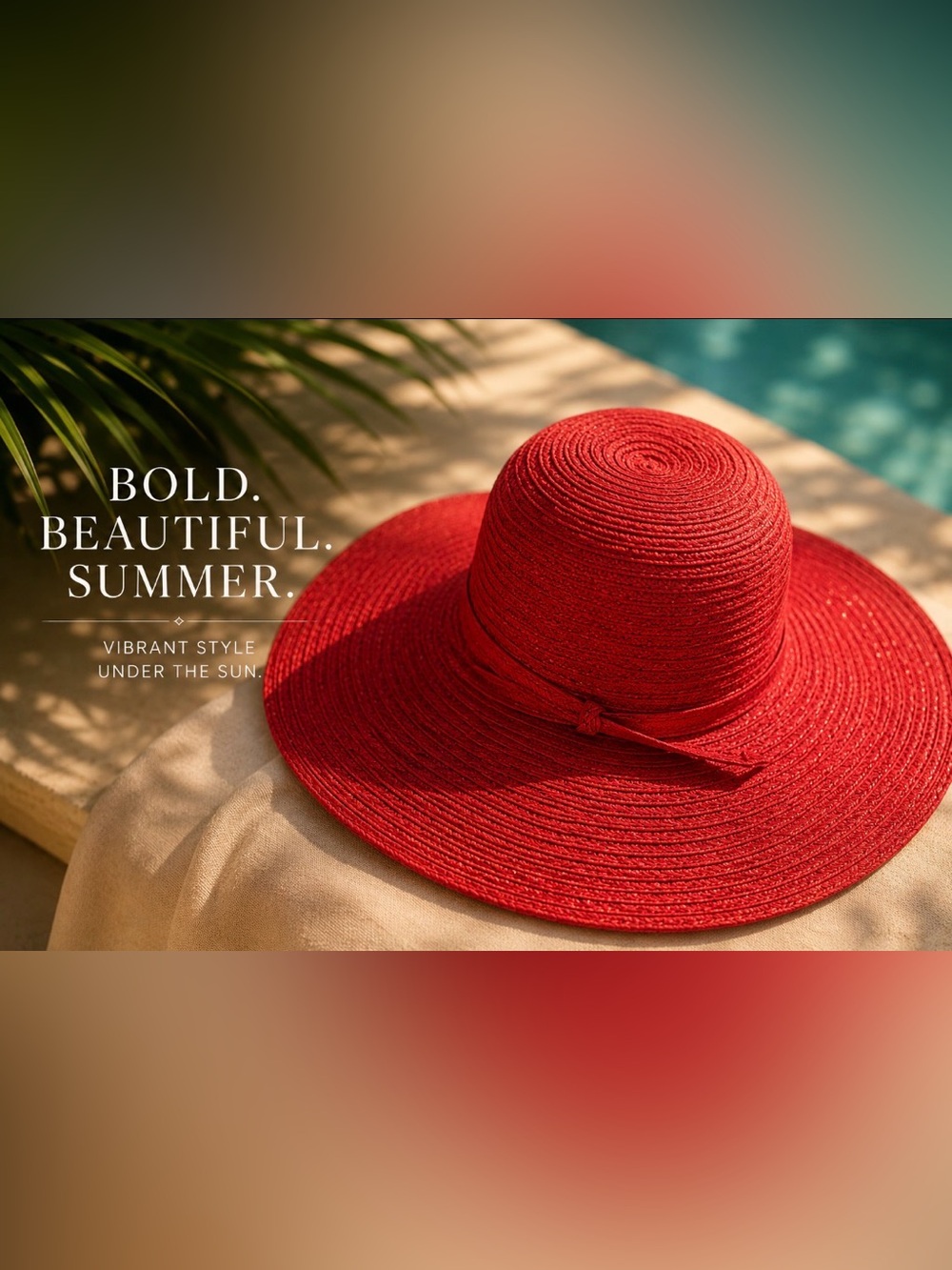 Women's Red Wide-Brim Straw Sun Hat with Knotted Band